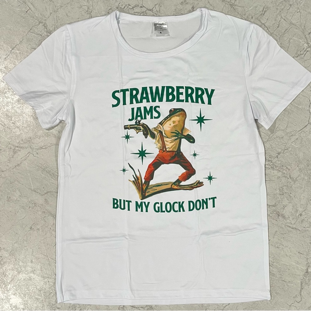 Strawberry Jams but My Glock Don't Tee shirt with funny frog graphic on T-Shirt